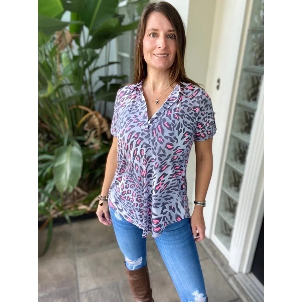 ❤️‍🔥Leopard V-Neck Collar Tab Button Gray Pink 4420